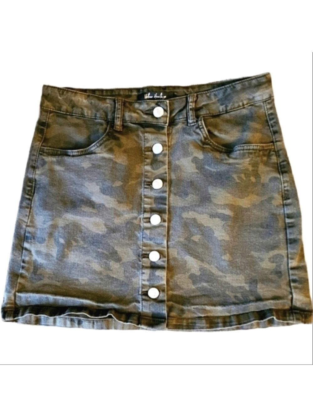 URBAN HERITAGE GREEN CAMO MINI SKIRT UTILITY BUTTON FRONT STRETCH WOMENS MEDIUM